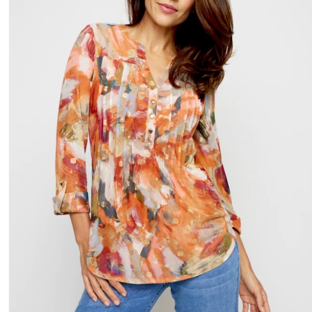 Roz & Ali Women’s Taupe 3/4 Roll Tab Sleeve Mesh Popover